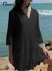Celmia Women Solid Summer Mini Dress Elegancka pusta sznurka z koronki wypoczynek Vneck 34 Sleeve Holiday Beach Short Vestido Robe 240403