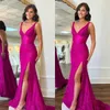 Seksowna Fuchsia Mermaid Sukienka PROM V SKUPA Koronkowe sukienki wieczorowe Eleganckie uda Split Satynowe sukienki dla kobiet