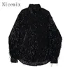 Men's Casual Shirts Sequin Pendant Feeling Shirt For Men Korean Trendy Bright Blouses Senior Stylist Loose Causal Long Sleeve Top