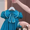 女の子のドレスベビーガールドレスサマーブルーかわいいパフスリーブ花付きエレガントなプリンセスドレス蝶ネクタイバースデーパーティー服1〜6歳Y240412