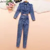 HARAJUKU DENIM TOSIDS CORÉANTES Two Piece Set Femmes Puffle Sleeve Tunic Crop Jackets High Taist Pantal