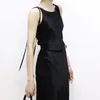 Casual Dresses Women's Satin Solid Black Dress 2024 Summer LACE UP SLEEVELESS CINCHED MIDA SLIM FIT HERPT Forked Ankel längd