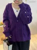 Damen Strick Vintage Star bestickter dunkelviolett gestrickter Strickjacken Y2K Streetwear Loous V Hals Langer Pullover