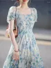 Casual Dresses 2024 Summer Vintage French Print Floral Long Dress Women Ruffles Holiday Boho Puff Sleeve Elagant Party Vestidos