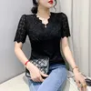 Women's T Shirts 2024 Summer Lace Tees Female Short Sleeve Crossed V Neck Stretchy TShirt Slim Tops For Women