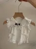 Summer Girls Ubrania Ubrania Dzieci Kokkie aplikacje Ruffle Tleeve Tops Lett Patch Haftowe Dżinsowa spódnica Dzieci Księżniczki Stroje Z7664