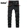 Jeans masculin Kakan - European and American High Street Broken Feng Slim Leather Elastic Long K010-8008