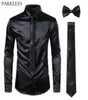 Black Mens Silk Dress Shirts 3PCS -Shirt Tiebowtie Smooth Satin Shirt Men Slim Fit Party Prom Casual Shirts Men Social Camisa 201259380