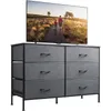 Wlive large commode avec 6 tiroirs, stand de télévision pour 50 "TV, centre de divertissement avec cadre en métal, haut en bois, stockage en tissu