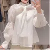 Womens Blouses Shirts Wakuta Harajuku Embroidery Bow Lace Long Sleeve Feminino Moda Tops 2024 Spring Temperament Heavy Blusa Mujer Dro Otr5B