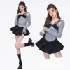 Bow Grey Fluffy kjol söta söta kvinnor Slim Lowwaisted Ruffled Edge Preppy Style Korean Fashion Pure Desire Summer Drop 240403