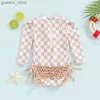 One-Pieces 6M-4T Girls Bikini Beach Swimsuit Long Sleeved Checkerboard Lace Printed Ruffle Edge Swimsuit Y240412