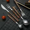 5 Pcs/Set Wood Grain Stainless Steel Dinnerware Set Tableware Knife Fork Spoon Teaspoon Cutlery Set Tableware Flatware HY0469