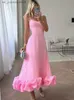 Podstawowe sukienki swobodne kobiety mody mody sukienki bez pleców A-line lady szykowne bankiety szata solidne eleganckie różowe plisowane paski spaghetti 1 t240415