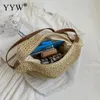 Halm strandpåse sommarvävd tygväska pu läder axelväska för kvinnor avslappnad stor kapacitet kvinnlig rotting boho handväska raffia