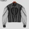 Casual shirts voor heren Incerun Men Shirt Pu Leather Mesh Patchwork Transparant Hollow Out Camisas Streetwear Puff Long Sleeve Sexy Fashion
