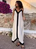 Casual Dresses Women Elegant Suspender Maxi Dress Sexig Summer Sling Beach Female Backless V-ringkontrast Färgsemester länge