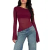 Magliette da donna t-shirt rosso t-shirt a maniche lunghe con una spalla trasparente slim fit Spring e Autumn Fashion Clubwear