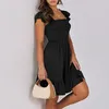 Casual Dresses Women Ruffled Suspender Black Dress Square Neck Sleeveless Backless A Line Layer Pleated Boho Mid Length