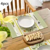 Table Mats 4PCS Spring Green Flowers Running Chrysanthemum Western Placemat Linen Printed Heat Woven Chargers For Dinner Plates