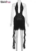 Swobodne sukienki dziwne cipki sexy See Through Dress Woman Metal Belt Nieregularne falbany Tassel bez pleców kantar o północy przyjęcie urodzinowe