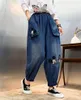 Dames jeans denim harem broek 2024 herfst cartoon geborduurde elastische taille gewassen slijtage-witte retro losse broek voor y2k