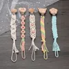 Baby Beech Wood Pacifier Clip Handgjorda virkning Bomull Rope Nippelkedja för omvårdnad Tugga Toy Shower Gift Soother 240409