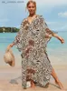 Grundläggande casual klänningar 2023 Boho tryckt lös strandklänning avslappnad V-ringad batwing slve SID SPLAR MAXI KLÄNNER Kvinnor Summerkläder Long Kaftan Q1297 T240412