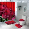 Rideaux de douche 4pcs ensembles de rideaux de rose rouge avec tapis couvercle de toilette tapis de bain imperméable en polyester tissu de salle de bain florale lavable