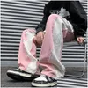 Mens Jeans Pink American High Street European And Pants Design Sense Splicing Loose Wide Leg For Men Drop Delivery Apparel Clothing Dhknv