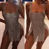 Sıradan Elbiseler 2024 Kristal Metal Yular Parlayan Yaz Elbise Kadın Plaj Sapili Mini Seksi Parti Gümüş Altın Gece Kulübü Vestidos