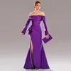 Purple Side Split Mermaid Mother Of The Bride Dresses Long Sleeves Wedding Guest Dress Pleated Floor Length Evening Gowns