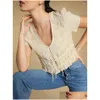 Dames blouses shirts dames shirt 2023 lente/zomer geborduurde knoopband riem korte mouw casual top drop levering kleding kleding dha6f