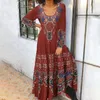 Casual Dresses for Women Spring Womens Long Sleeve Ethnic Print FLARED FLOWY O Neck Bomull Maxi Dress Sweatshirt Bohemian Robe 240412