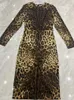 100% Silk Leopard Printing Dress Autumn Women O-Neck Long Sleeve Waist Sliming High Street Midi Vestidos