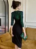 Casual Dresses Luxury Elegant Annual Party Dress Women French Shiny Green Sequins Black Bodycon Folds Slit Robe Lady Banquet Host Prom