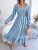 Maxi Dress Women Autumn Casual Ruffles kwadratowe ubrania z długim rękawem czerwony niebieski czarny zielony pomarańczowy 240412