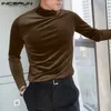 Män t shirt fast färg velor turtleneck långärmad avslappnad undertröja män mysiga streetwear fritid camisetas s-5xl incerun 240327