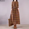 Lässige Kleider Fashion Vintage Tailliertes langes Kleid für Frauen bequeme Ärmel Plaid Cotton Leinen Schnürung Maxi weibliche Vestidos Robe