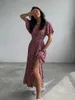 Boho French Style Flower Printed Dress Women Vneck Elegant Laceup Sundress Summer Elegantes Para Mujer Maxi Vestido 240412