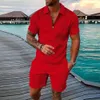 Mens Athletic Tshirt Set Casual Lapel Short Sleeve Pullover Zip Up Tshirt Shorts 2Piece Set Solid Sporty Surs 240410