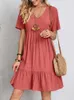 Elegante Solid V Neck A Line Dress Summer Ruffles Losse mini Casual Strak Feest met korte mouwen Vestidos Streetwear 240412