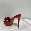 Kleding schoenen vaste rode snaar kraal hoge hak mule peep teen slip op kristal strass bloemen dames sandalen reële po