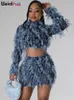 Rare Puss Zie door patchwork dames 2 -delige set elastische tassel dunne crop topsSkinny rokken bijpassende middernacht feestclubkleding 240403