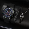 Wristwatches 3PCS Set Fashion Mens Sports Bracelet Necklace Watches For Men Business Quartz Wrist Watch Classic Male Casual Leather