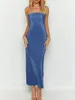 Casual jurken Heziowyun sexy bodycon strapless satin ruched buis top lange jurk vat tie back hollow out split party club bandeau