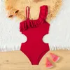 Swimwear féminin rétro rouge couleur adolescentes maillot de bain un morceau 5-14 ans pour enfants à volants de plage