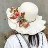 Summer Women Straw Hat with Flowers Wide Brim Wavy Panama Hats Female Lady Outdoor Foldable Beach Sun Cap 240403