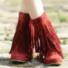 Boots Women's Cotton Inner Heightening Frosted Tassel Boots 2021 Winter New Low Heel Large Foreign Trade Round Head Solid Medium Boots