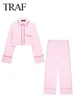 TRAF Spring Womans Fashion Pink Pants Set Long Sleeves Casual Loose Shirts Cropped TopsElastic Waist LaceUp Wide Leg 240410